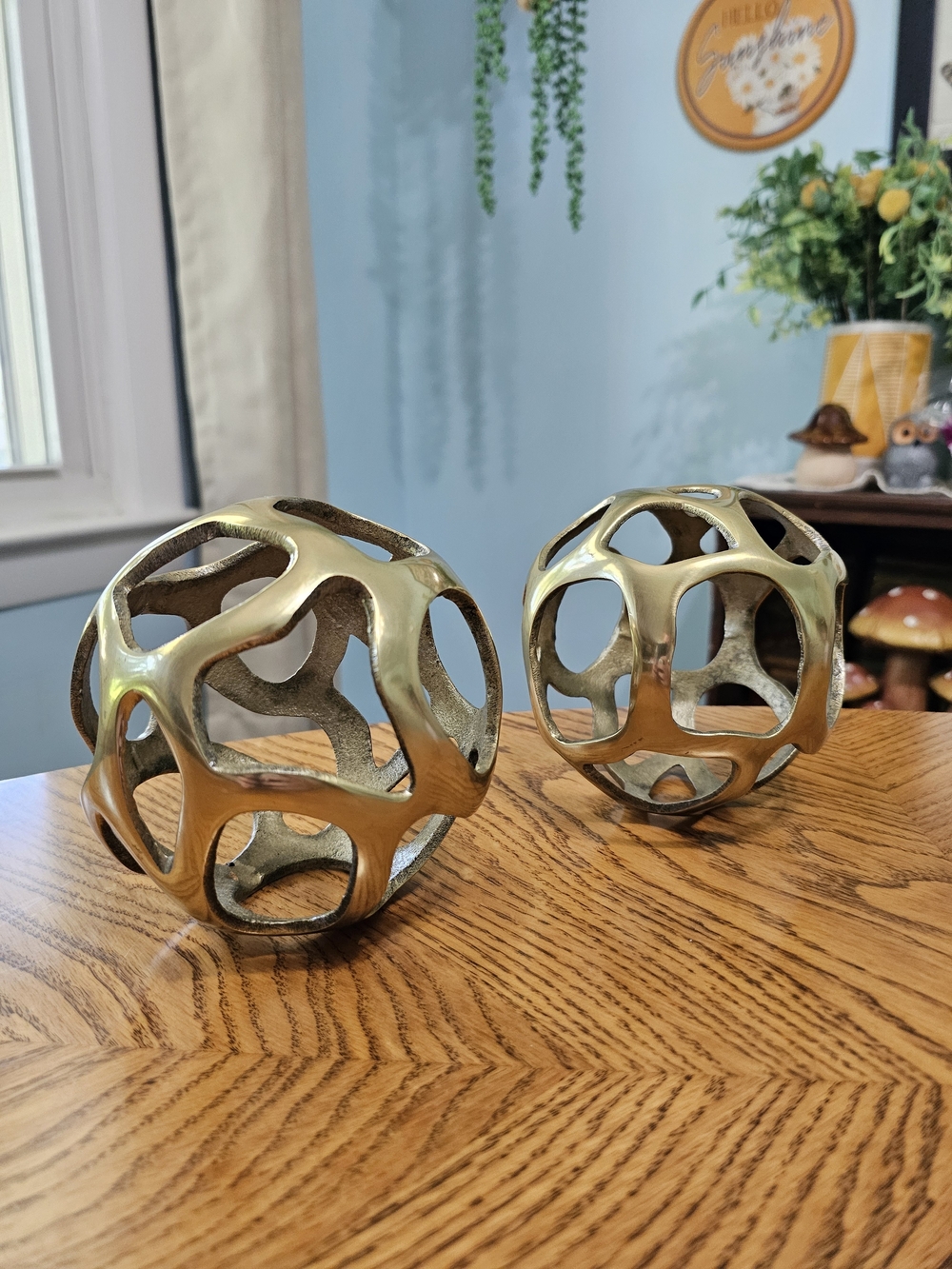 Pair of Vintage Solid Brass Cutout Geometric Spheres Abstract Orbs Sculpture